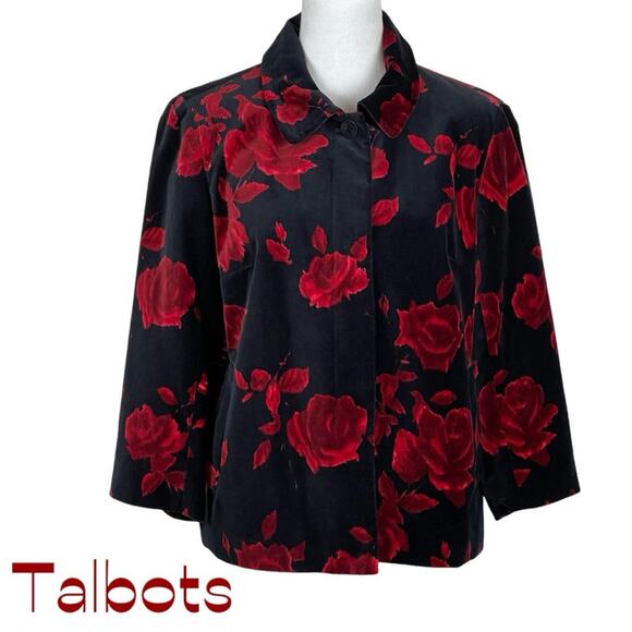 Talbots Black W Red Floral Pure Cotton Velvet Party Event Jacket NWOT Size 10 - Picture 2 of 12